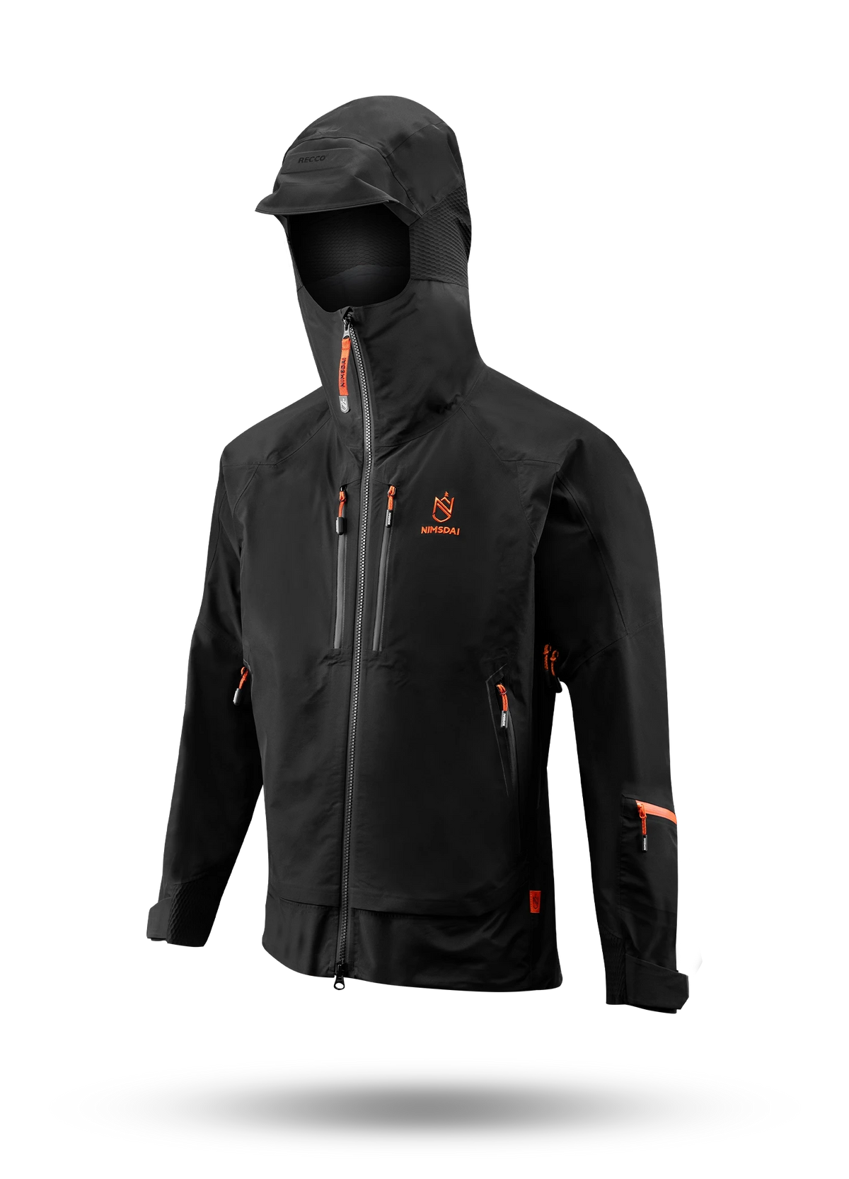 Nimsdai K2 Black jacket with orange accents on a transparent background