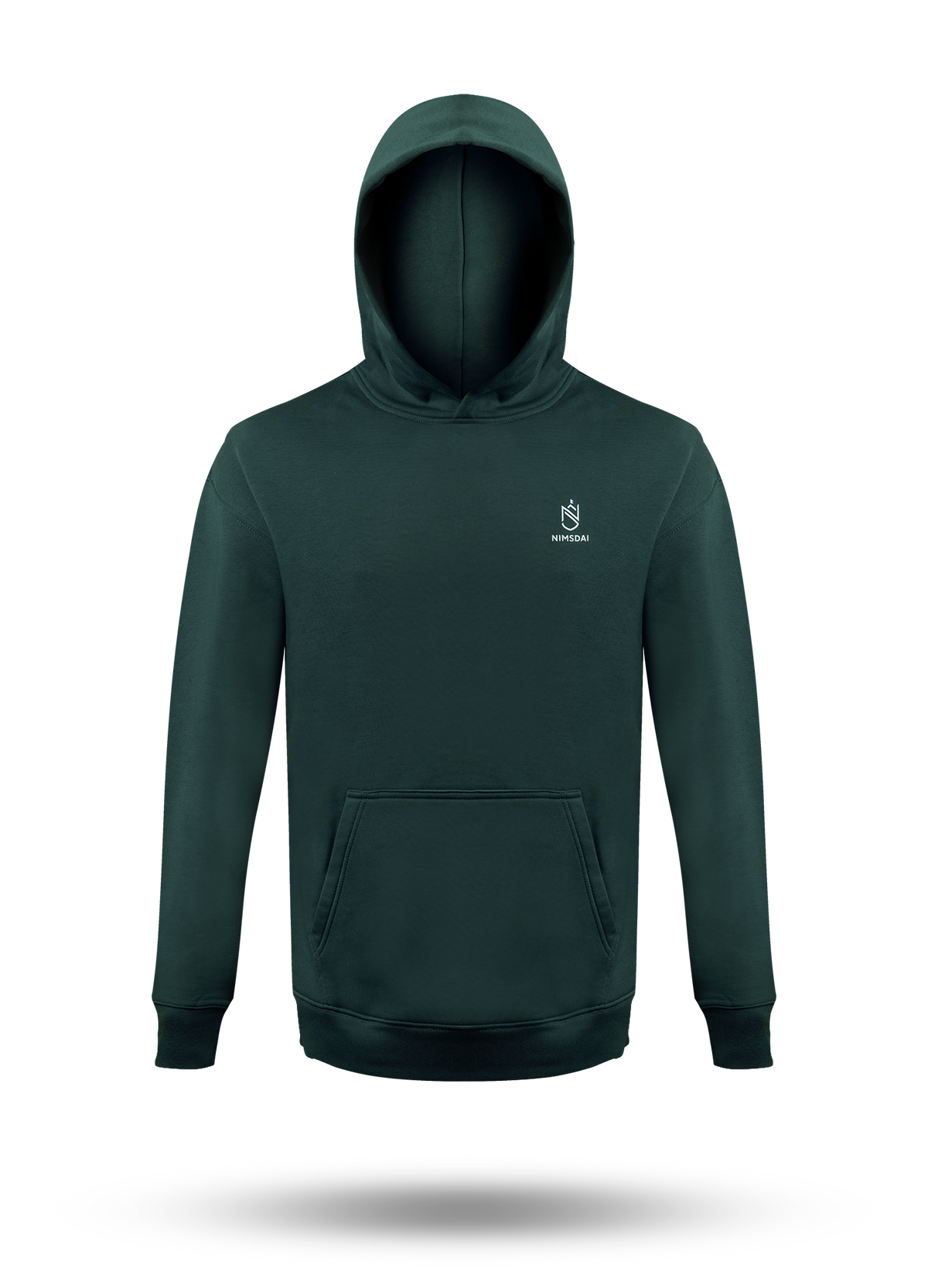 A nimsdai store relentless dark forest green pullover hoodie with a small white embroidered crest logo on the left chest, displayed on a clean white background with a soft drop shadow.