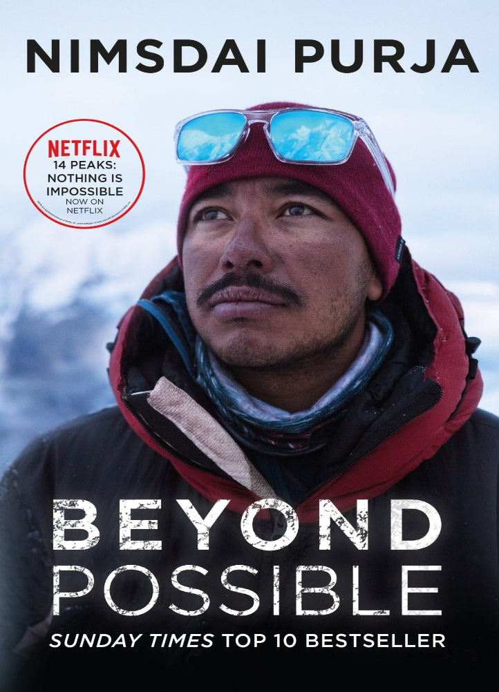 Book cover of 'Beyond Possible' by Nimsdai Purja with a person in winter clothing against a snowy background.